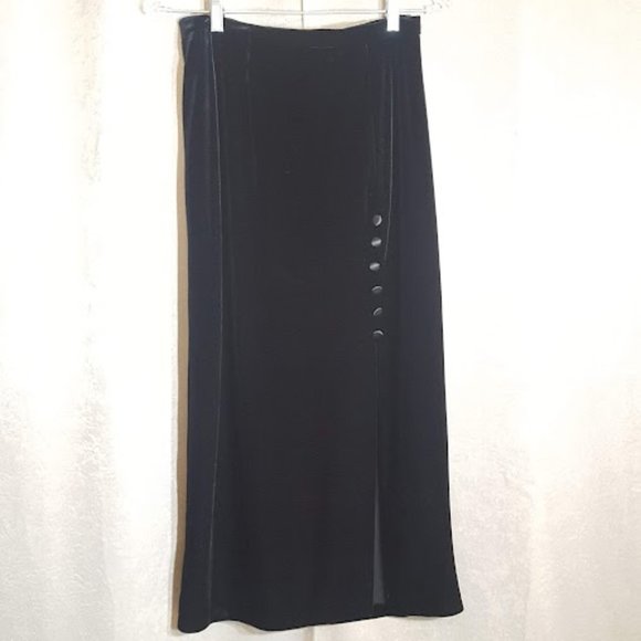Vintage Women’s Black Stretch Velvet Button Detail Slit Maxi Skirt Another Thyme - Picture 1 of 5